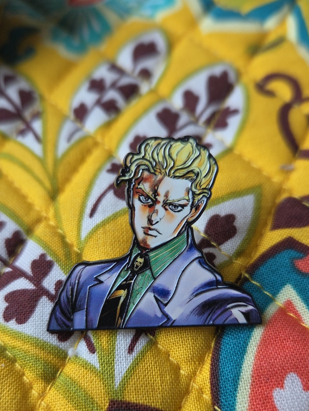 Enamel Lapel Pin - Blonde Character in Suit (Yellow, Blue, Green)
